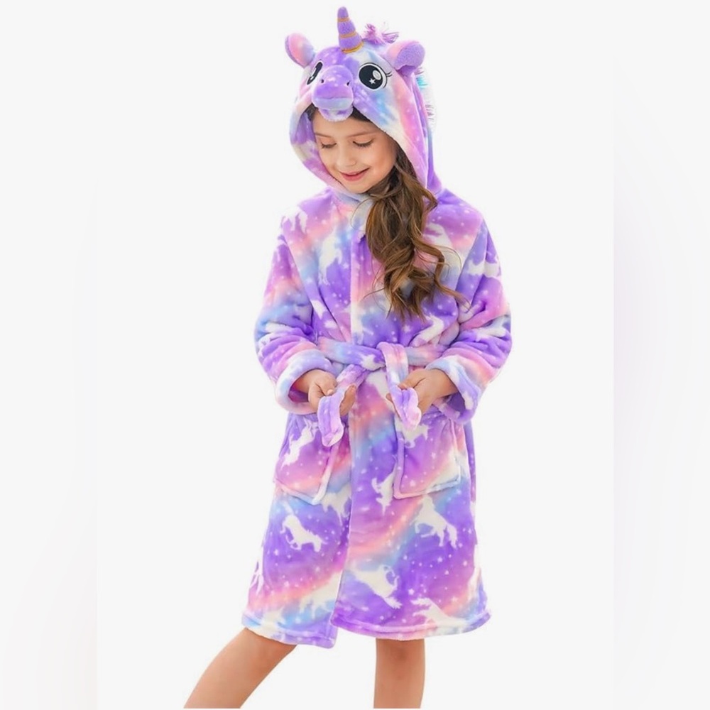 Doctor Unicorn Girls Fleece Hooded Robe Warm Fuzzy Bathrobe